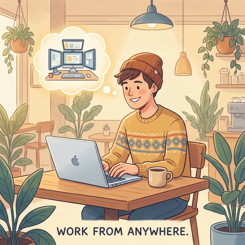 커피숍에서 작업하는 모습